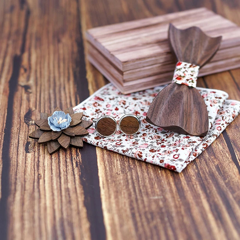 Black Walnut 3D Wooden Bow Ties for Men/Handmade/Butterfly Wood Bow Tie Gravata gift/Cufflink handkerchief