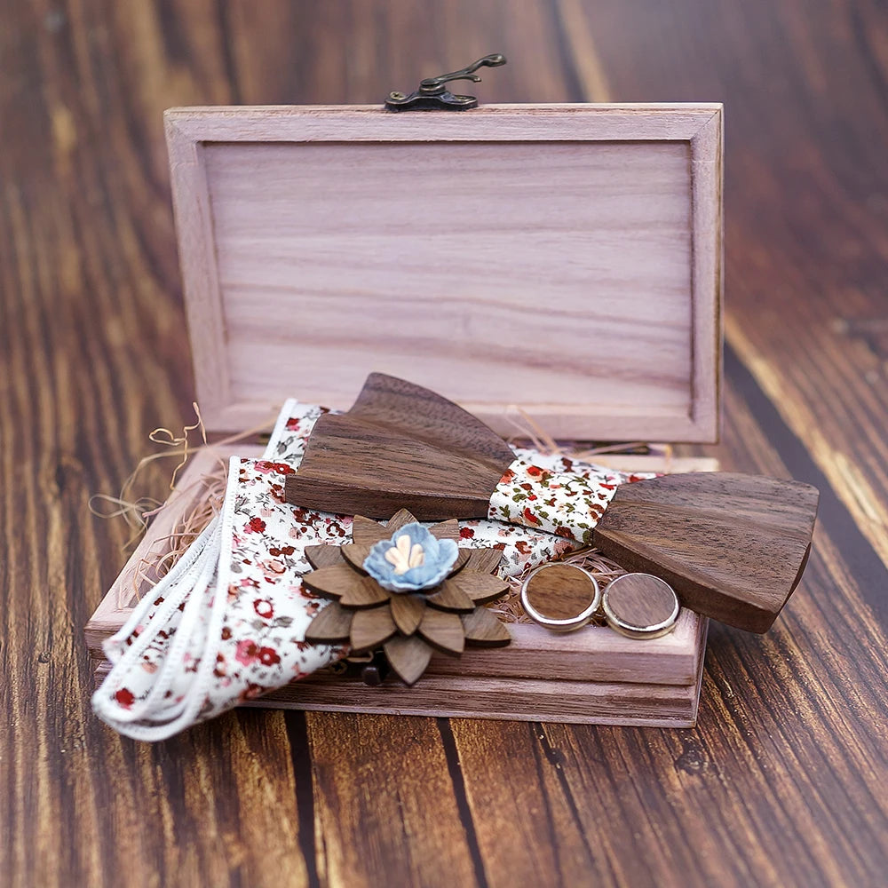 Black Walnut 3D Wooden Bow Ties for Men/Handmade/Butterfly Wood Bow Tie Gravata gift/Cufflink handkerchief