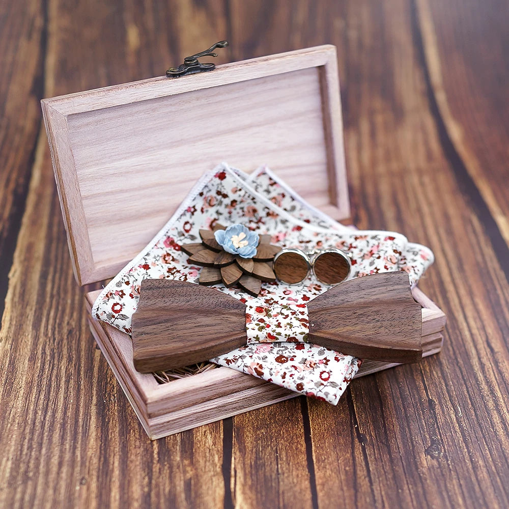 Black Walnut 3D Wooden Bow Ties for Men/Handmade/Butterfly Wood Bow Tie Gravata gift/Cufflink handkerchief