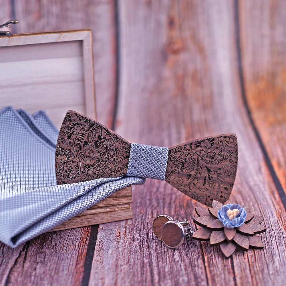 Formal Clasic Grey Tie for Men wedding wooden bow Tie Set Gift Hanky Cufflinks Set for Men Designer Fashion Silk Ties