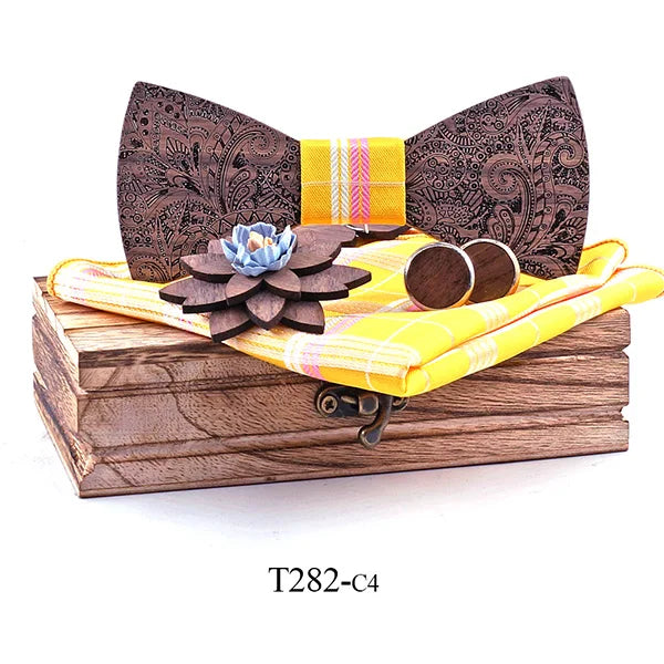 Formal Clasic Grey Tie for Men wedding wooden bow Tie Set Gift Hanky Cufflinks Set for Men Designer Fashion Silk Ties