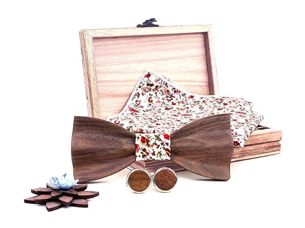 Black Walnut 3D Wooden Bow Ties for Men/Handmade/Butterfly Wood Bow Tie Gravata gift/Cufflink handkerchief