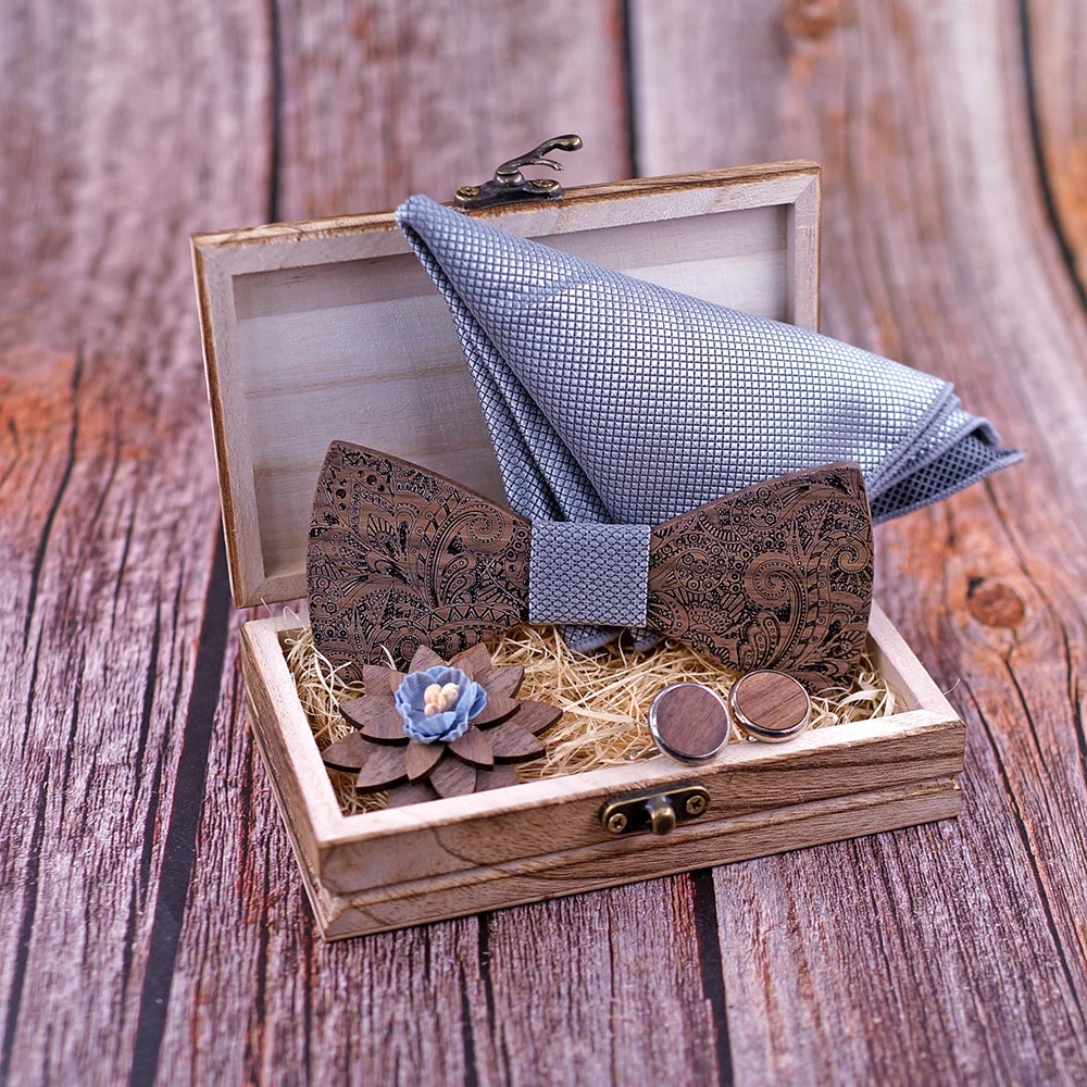 Formal Clasic Grey Tie for Men wedding wooden bow Tie Set Gift Hanky Cufflinks Set for Men Designer Fashion Silk Ties