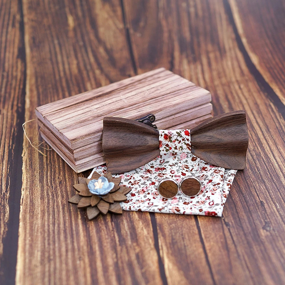 Black Walnut 3D Wooden Bow Ties for Men/Handmade/Butterfly Wood Bow Tie Gravata gift/Cufflink handkerchief