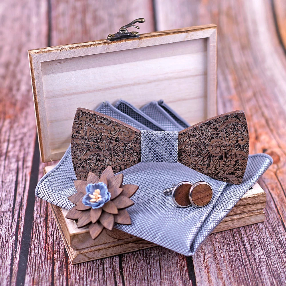 Formal Clasic Grey Tie for Men wedding wooden bow Tie Set Gift Hanky Cufflinks Set for Men Designer Fashion Silk Ties