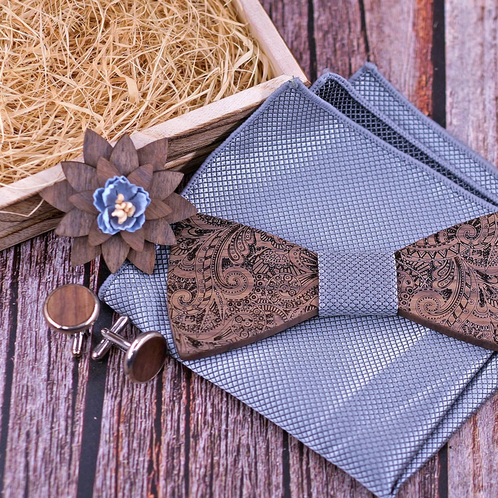 Formal Clasic Grey Tie for Men wedding wooden bow Tie Set Gift Hanky Cufflinks Set for Men Designer Fashion Silk Ties