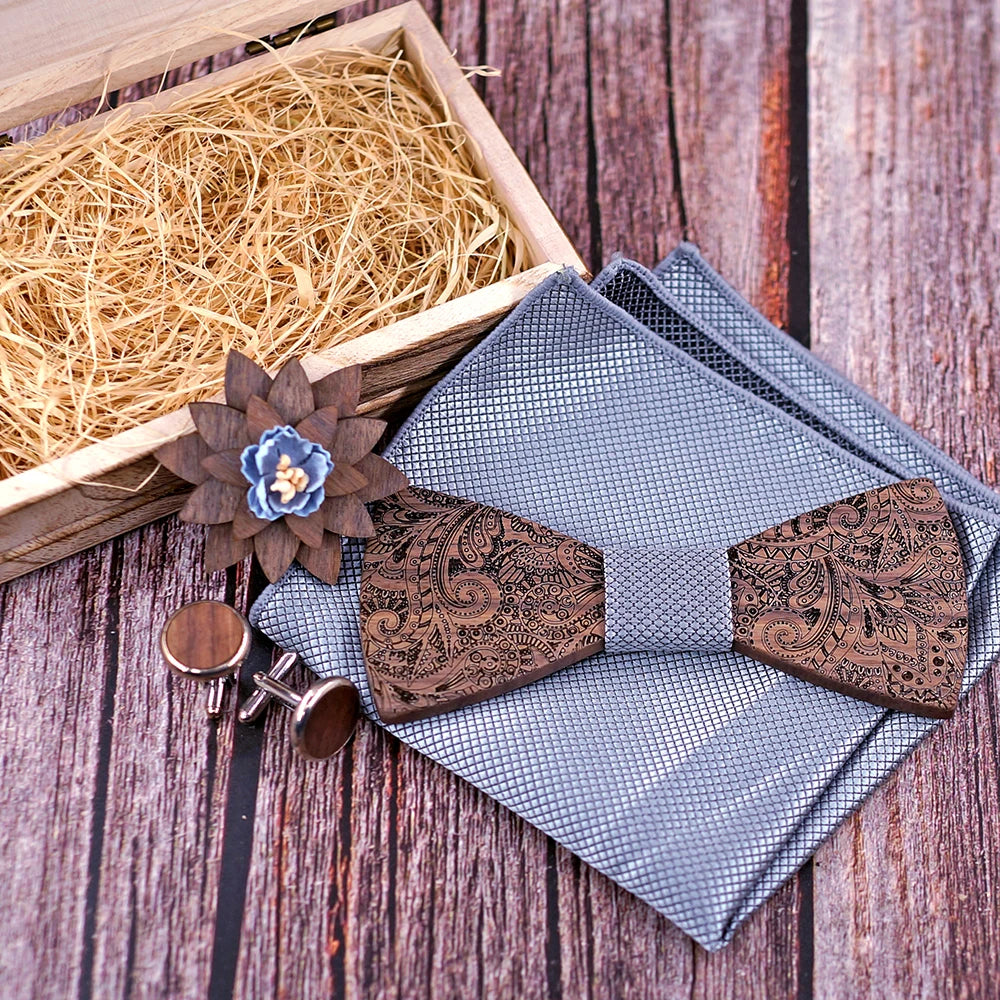 Formal Clasic Grey Tie for Men wedding wooden bow Tie Set Gift Hanky Cufflinks Set for Men Designer Fashion Silk Ties