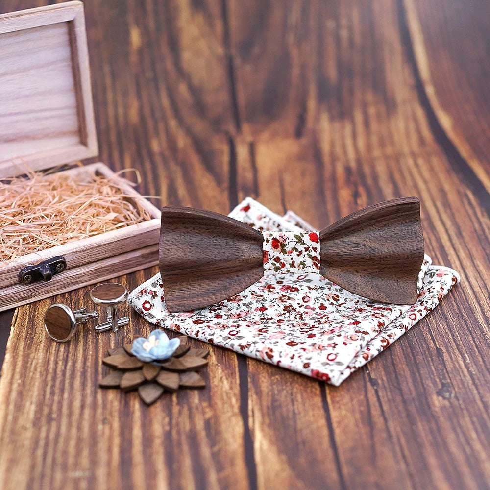 Black Walnut 3D Wooden Bow Ties for Men/Handmade/Butterfly Wood Bow Tie Gravata gift/Cufflink handkerchief