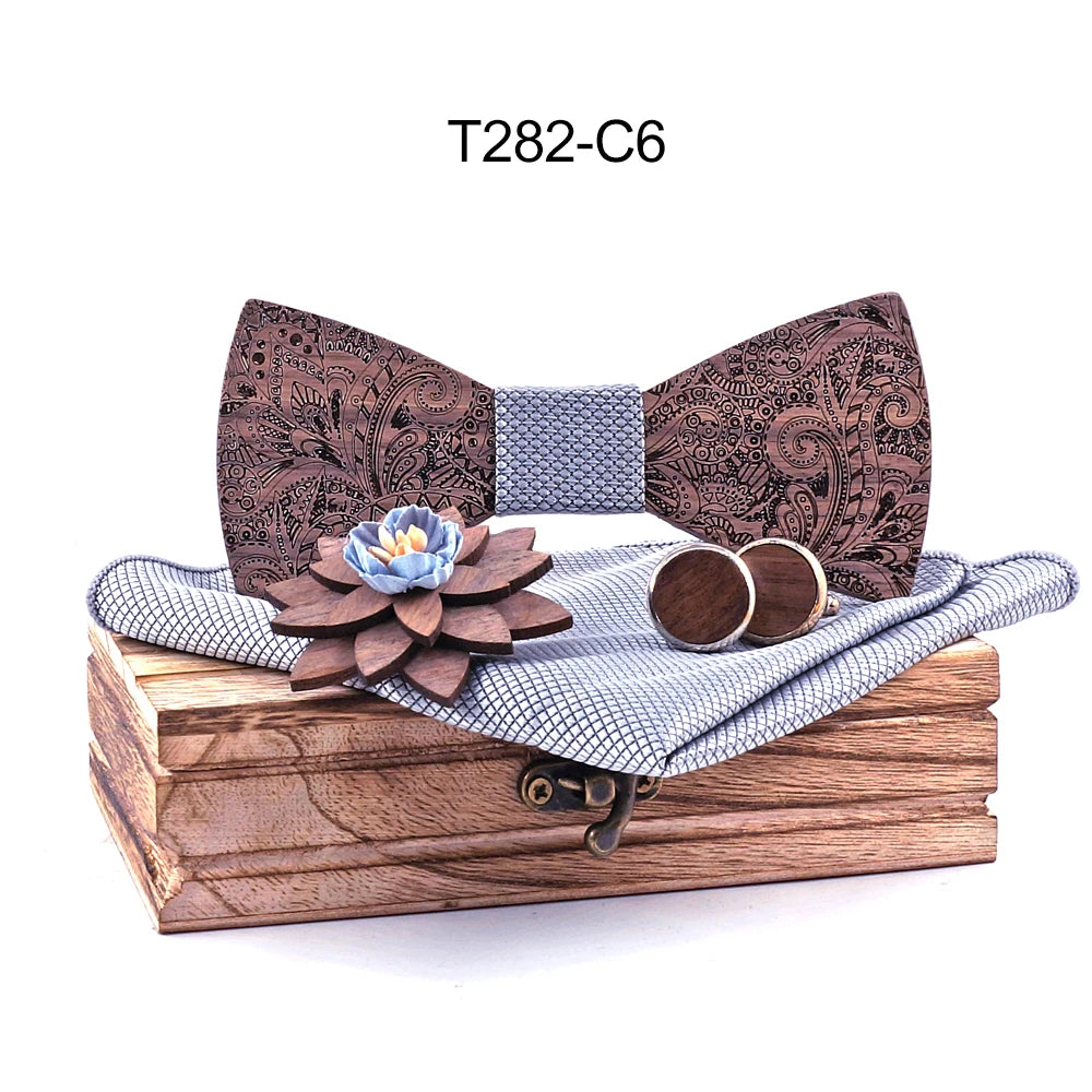 Formal Clasic Grey Tie for Men wedding wooden bow Tie Set Gift Hanky Cufflinks Set for Men Designer Fashion Silk Ties