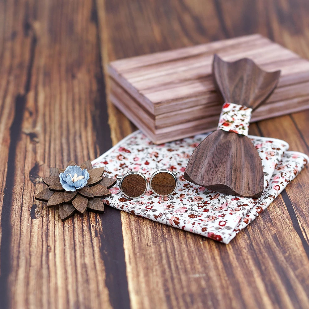 Black Walnut 3D Wooden Bow Ties for Men/Handmade/Butterfly Wood Bow Tie Gravata gift/Cufflink handkerchief