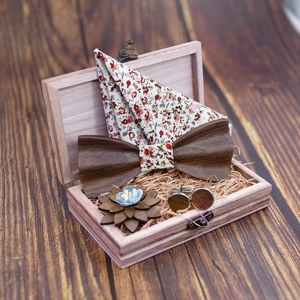 Black Walnut 3D Wooden Bow Ties for Men/Handmade/Butterfly Wood Bow Tie Gravata gift/Cufflink handkerchief