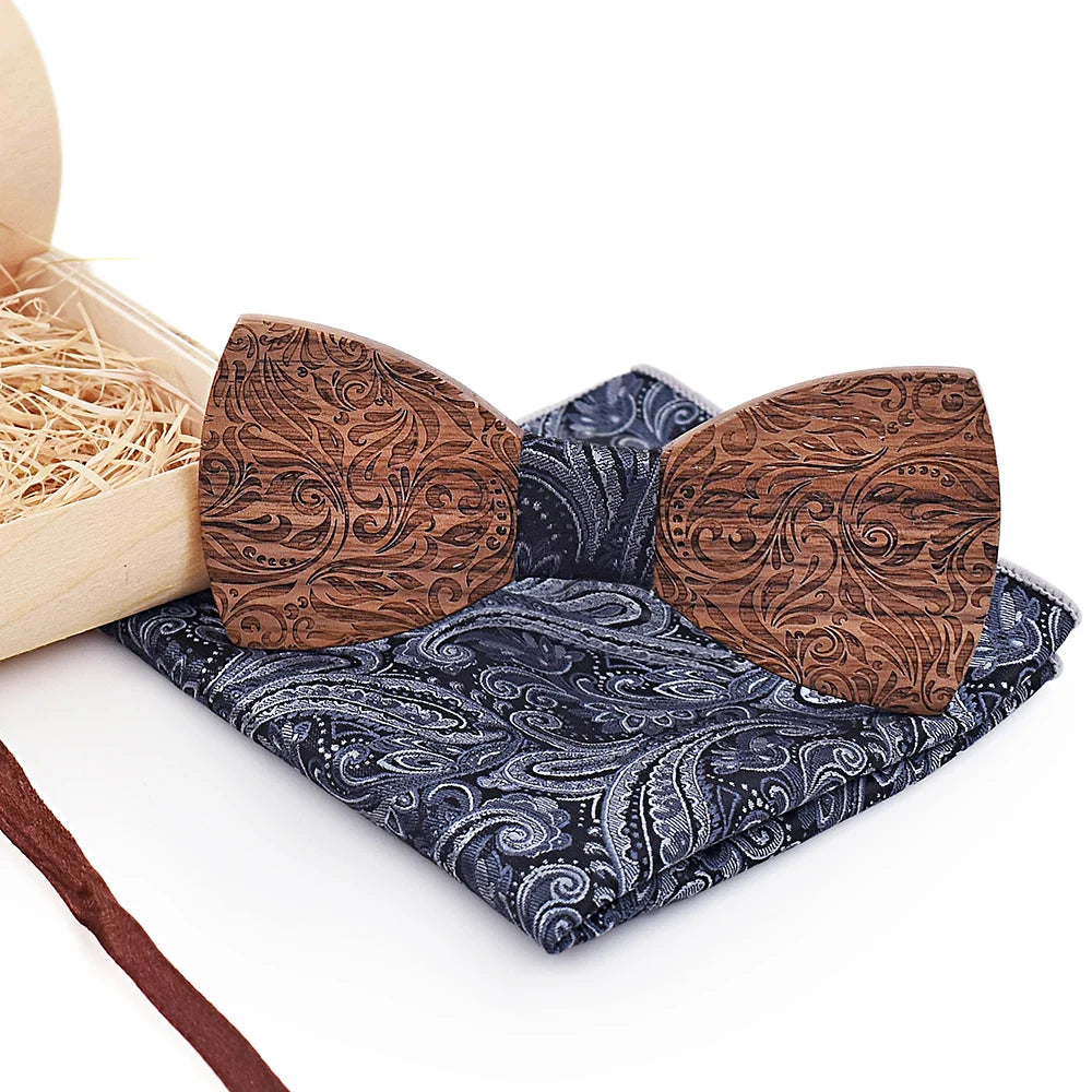 Wooden Mens bow Tie Wood Neck Tie Set for Men Suits Tie Handkerchief Cufflinks Gravatas Ties for Men Wedding Vestidos Corbatas
