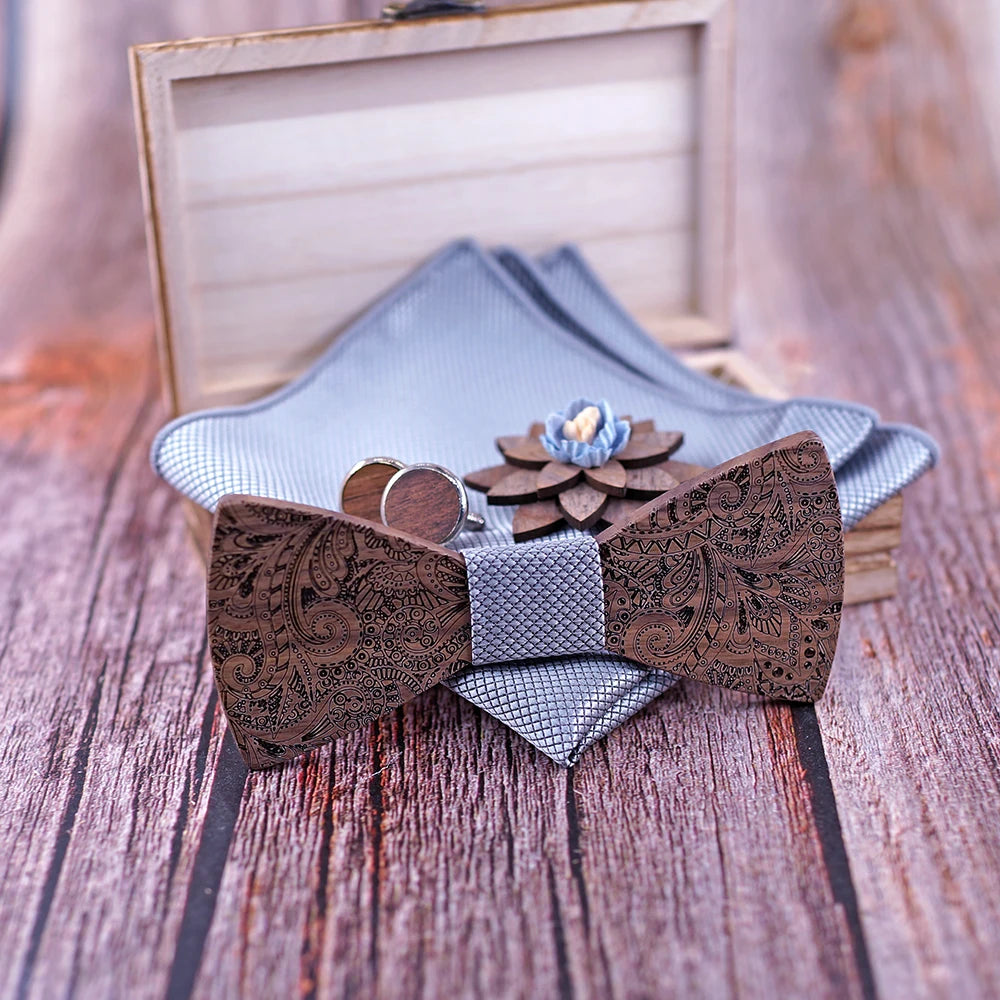 Formal Clasic Grey Tie for Men wedding wooden bow Tie Set Gift Hanky Cufflinks Set for Men Designer Fashion Silk Ties