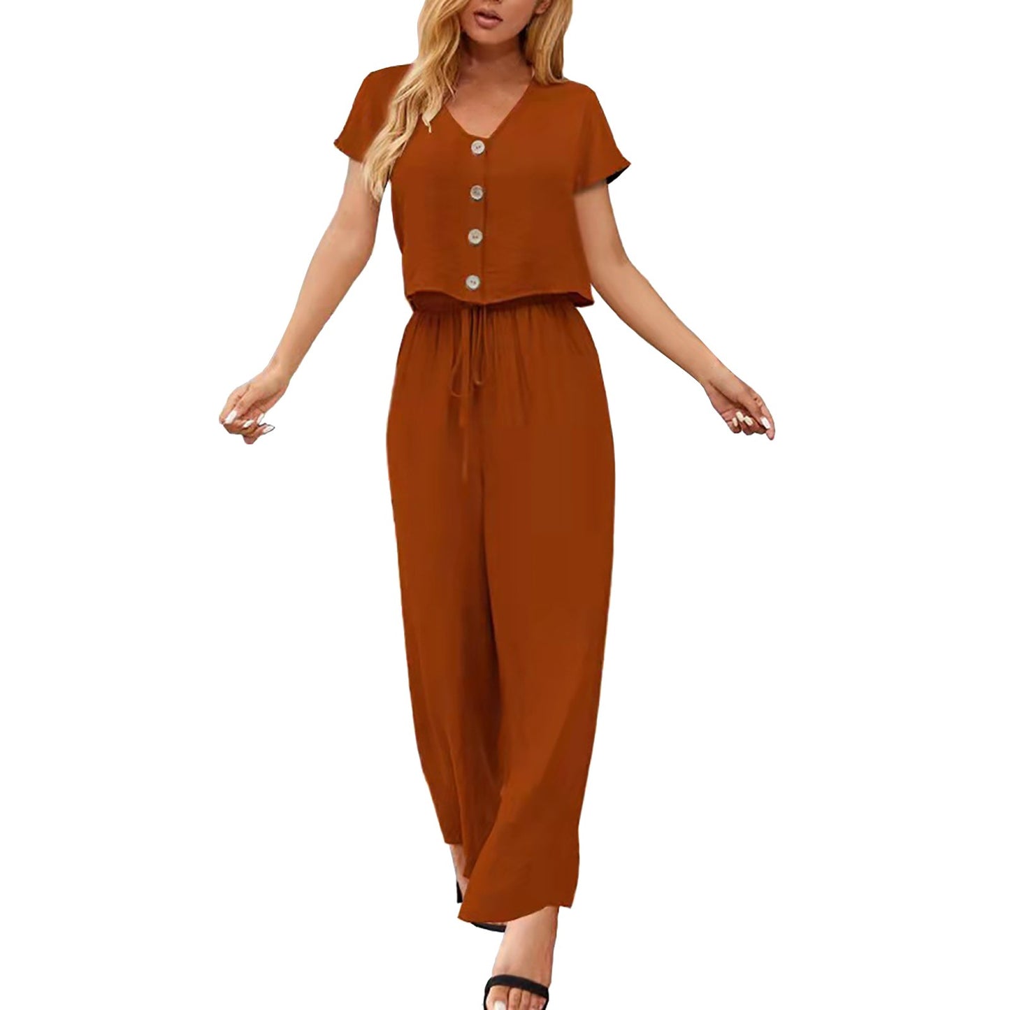 Women Fashion Solid Cotton And Linen Multi Button Top Short Sleeve Pant Sets Casual Ladies Suits