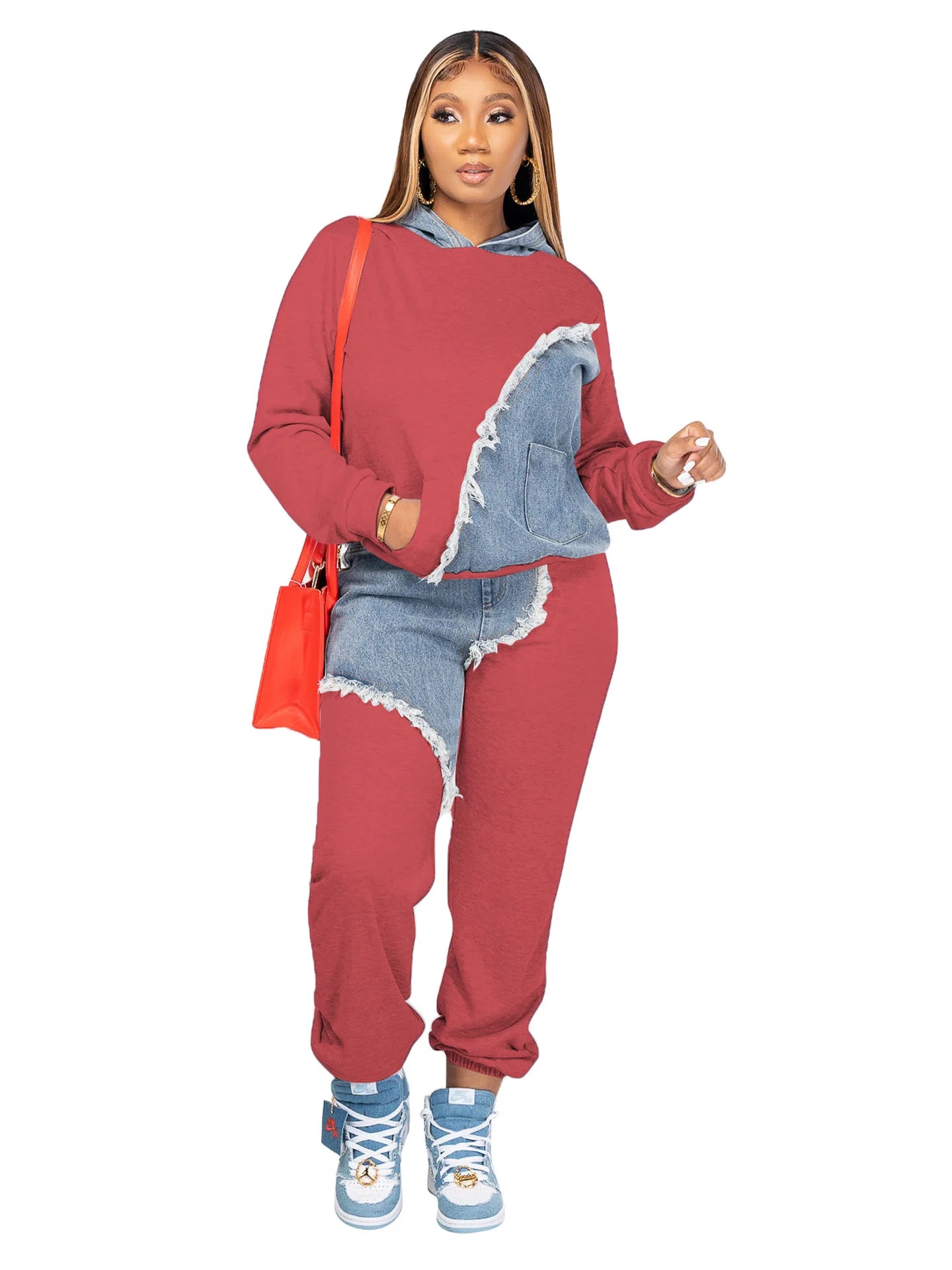Women Tracksuit Hooded/Two Pieces Set/Long Sleeve Sweatshirts/Pullover Hoodies Print Patchwork With Pockets