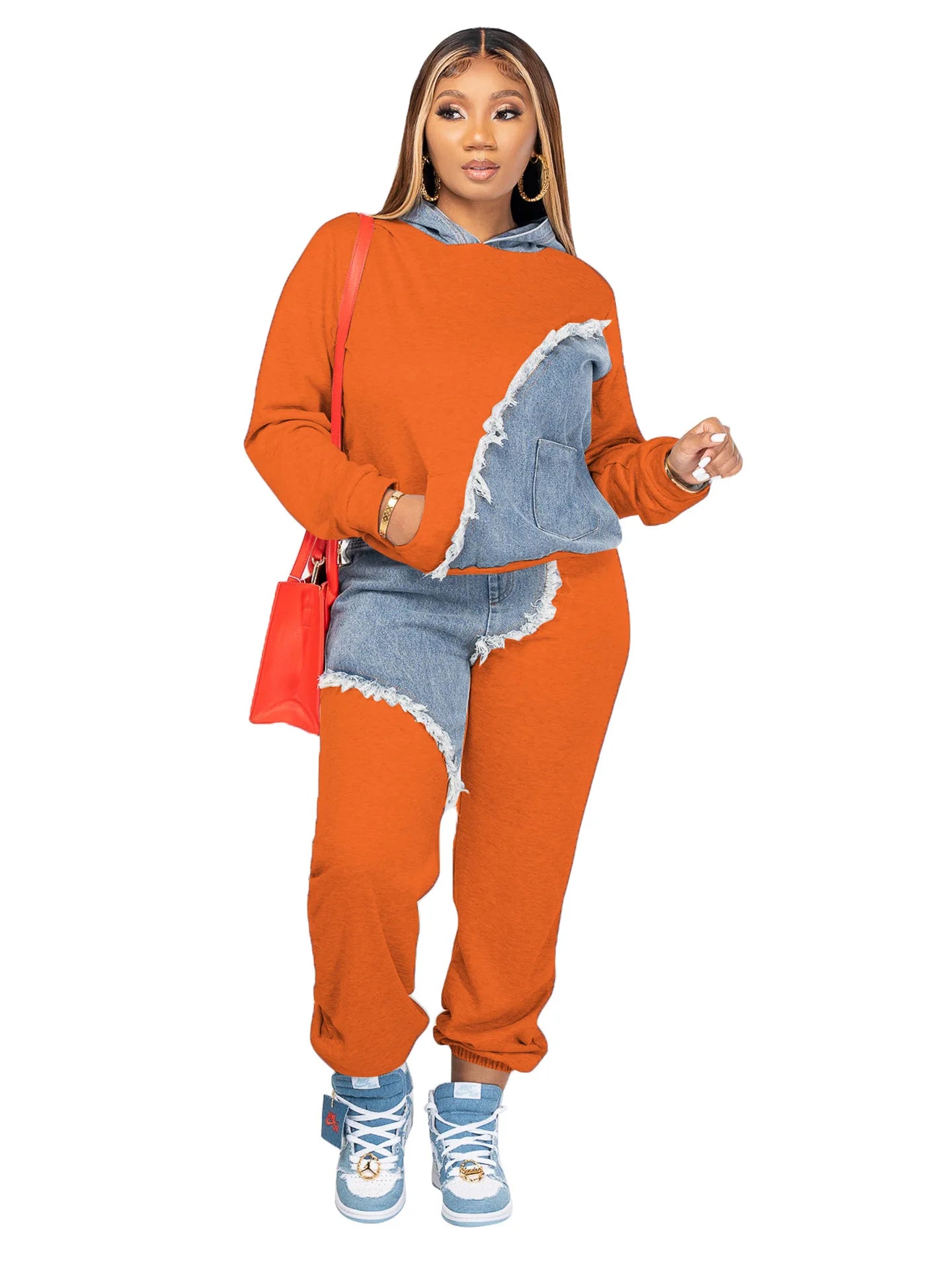 Women Tracksuit Hooded/Two Pieces Set/Long Sleeve Sweatshirts/Pullover Hoodies Print Patchwork With Pockets