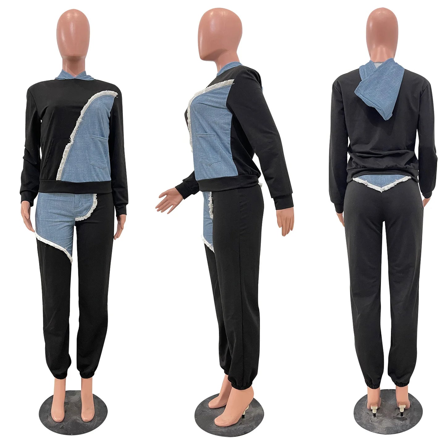 Women Tracksuit Hooded/Two Pieces Set/Long Sleeve Sweatshirts/Pullover Hoodies Print Patchwork With Pockets