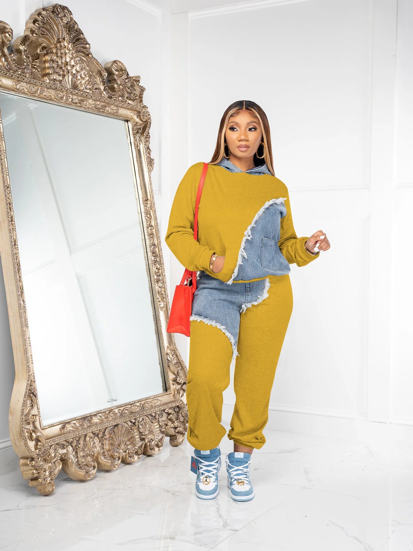 Women Tracksuit Hooded/Two Pieces Set/Long Sleeve Sweatshirts/Pullover Hoodies Print Patchwork With Pockets