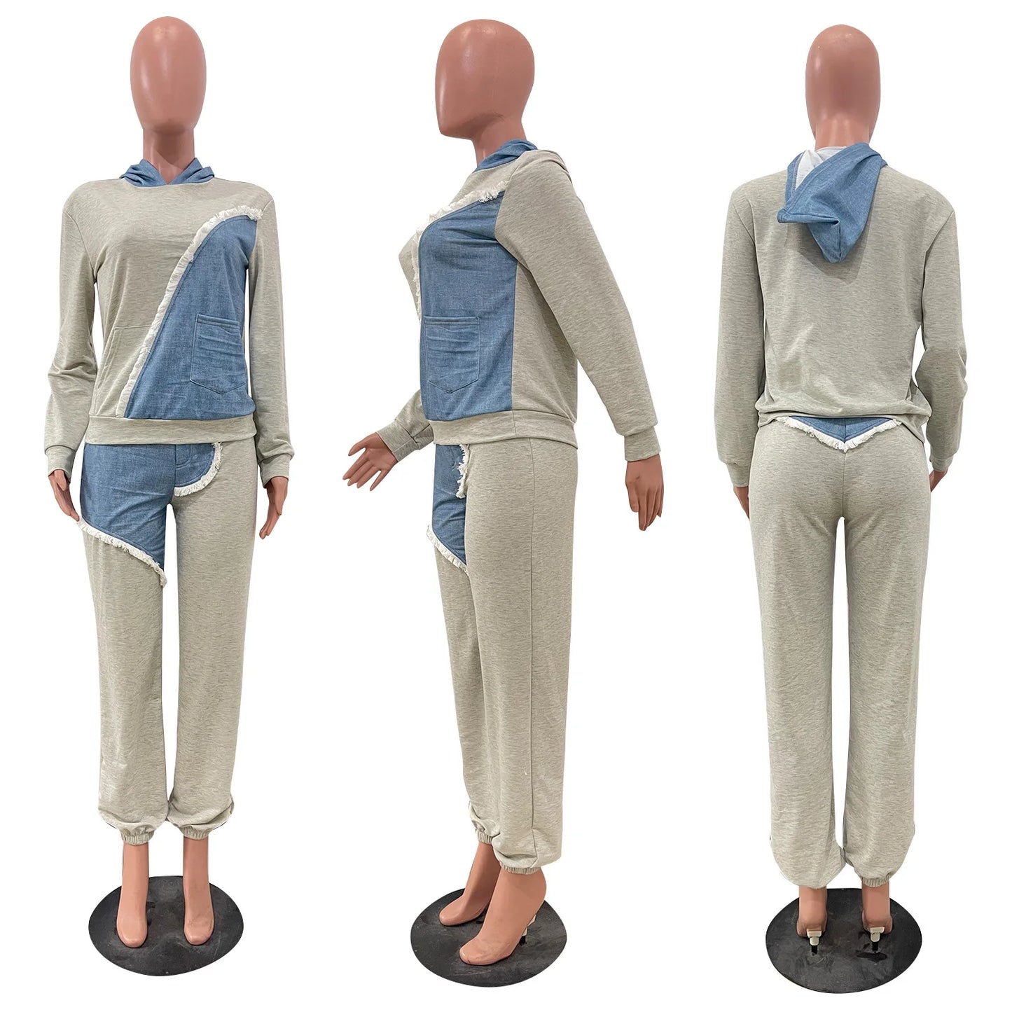 Women Tracksuit Hooded/Two Pieces Set/Long Sleeve Sweatshirts/Pullover Hoodies Print Patchwork With Pockets