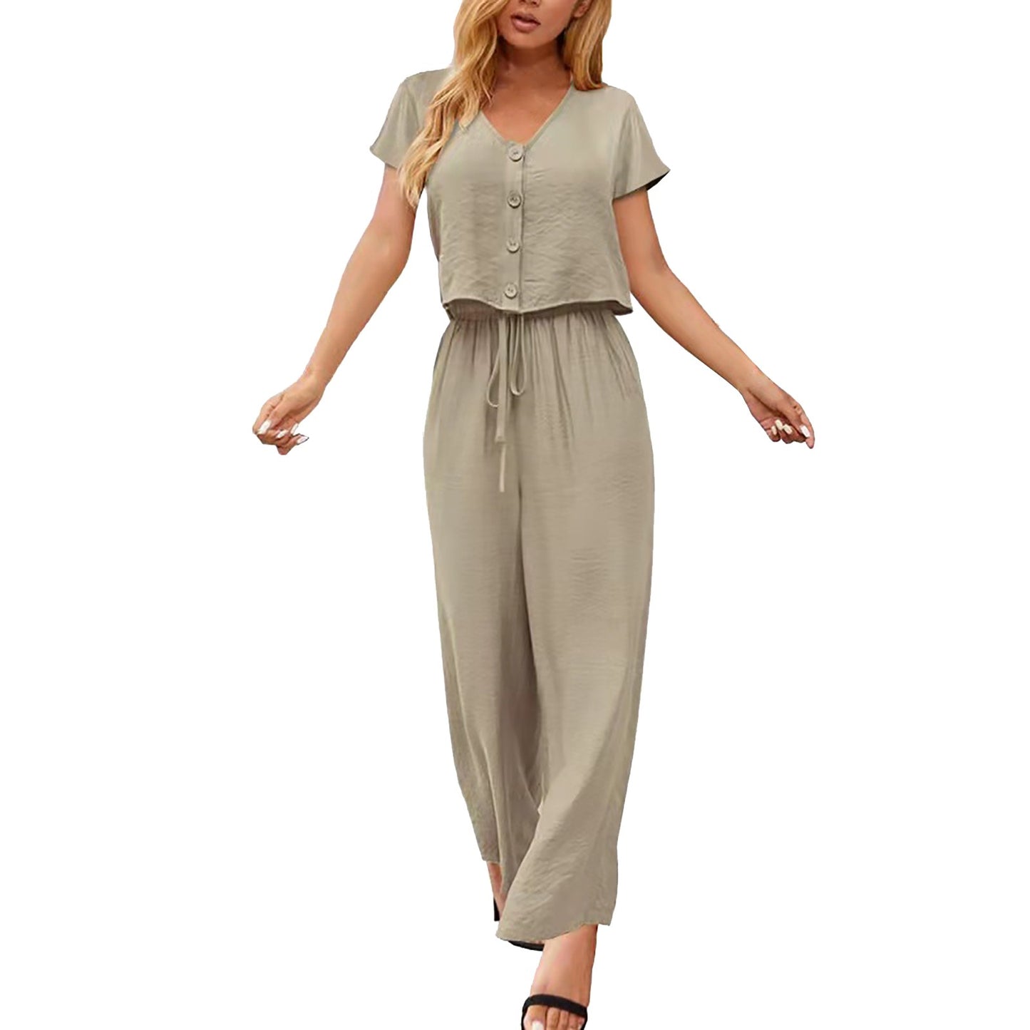 Women Fashion Solid Cotton And Linen Multi Button Top Short Sleeve Pant Sets Casual Ladies Suits