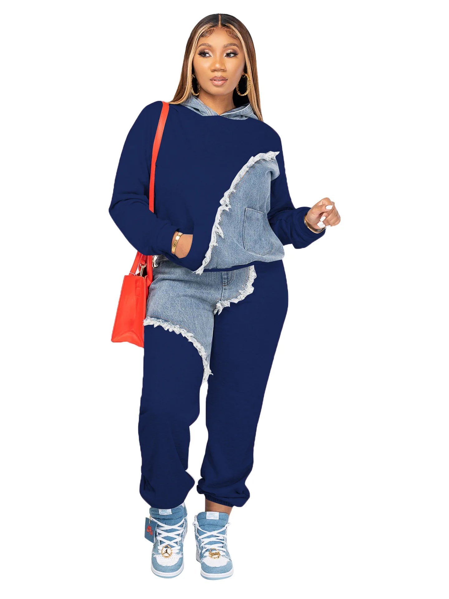Women Tracksuit Hooded/Two Pieces Set/Long Sleeve Sweatshirts/Pullover Hoodies Print Patchwork With Pockets