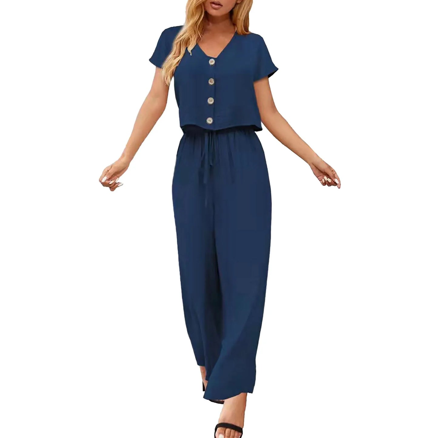 Women Fashion Solid Cotton And Linen Multi Button Top Short Sleeve Pant Sets Casual Ladies Suits
