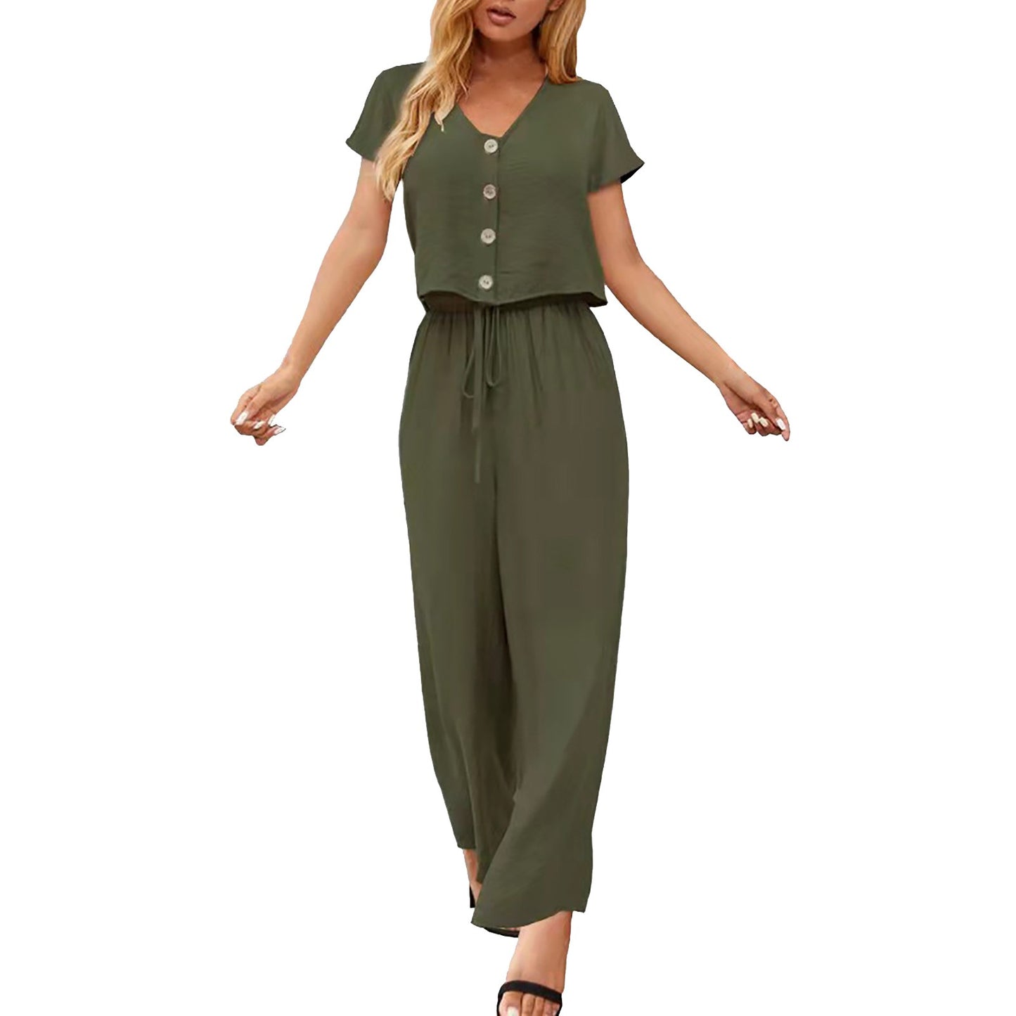 Women Fashion Solid Cotton And Linen Multi Button Top Short Sleeve Pant Sets Casual Ladies Suits