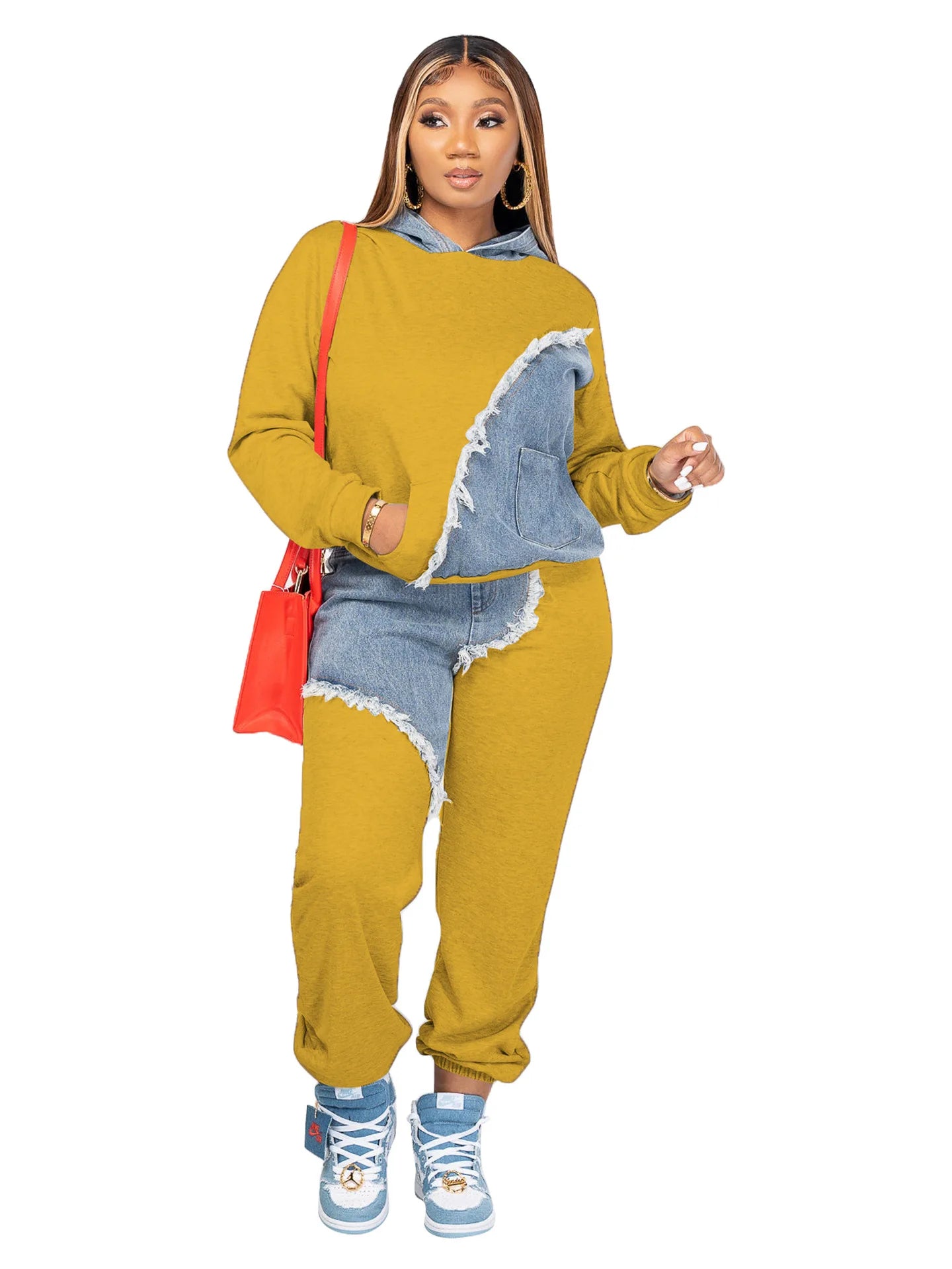 Women Tracksuit Hooded/Two Pieces Set/Long Sleeve Sweatshirts/Pullover Hoodies Print Patchwork With Pockets