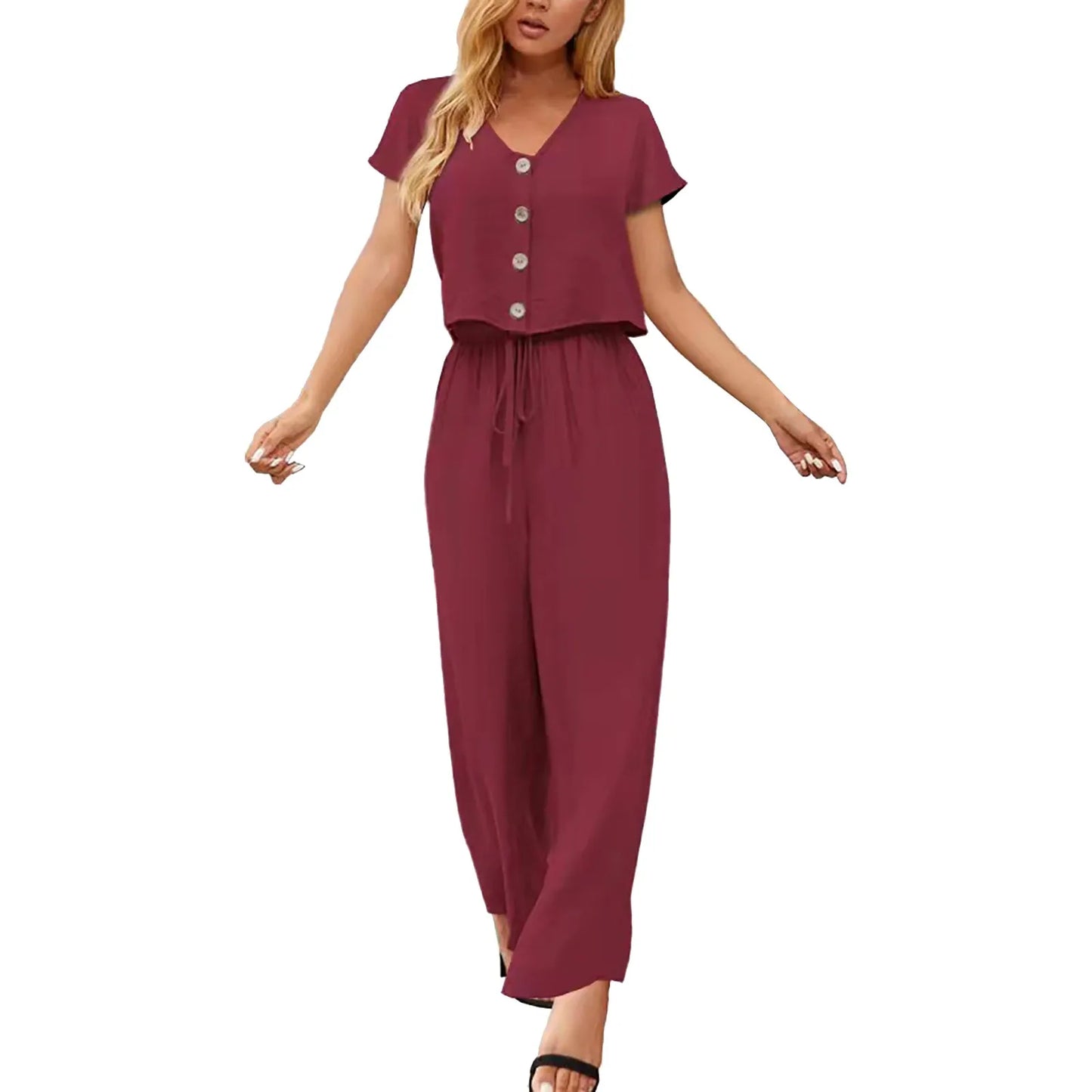 Women Fashion Solid Cotton And Linen Multi Button Top Short Sleeve Pant Sets Casual Ladies Suits