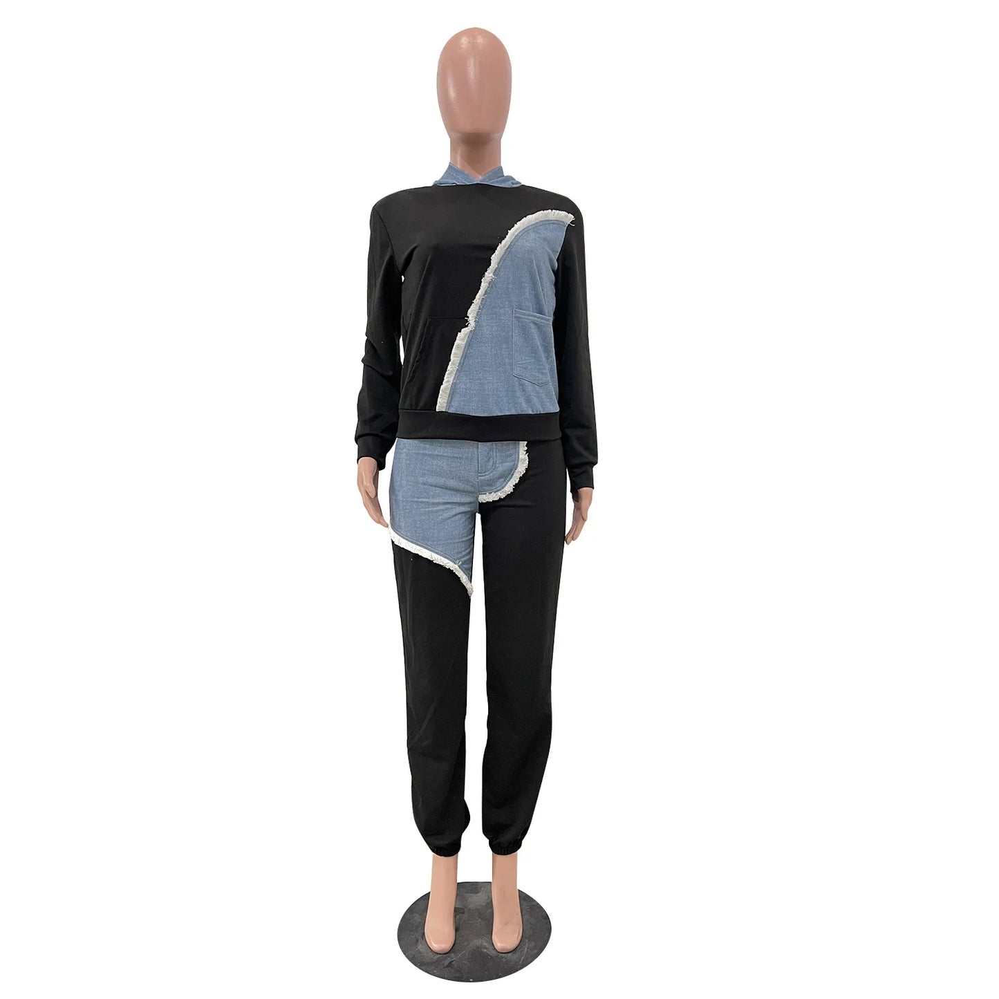 Women Tracksuit Hooded/Two Pieces Set/Long Sleeve Sweatshirts/Pullover Hoodies Print Patchwork With Pockets