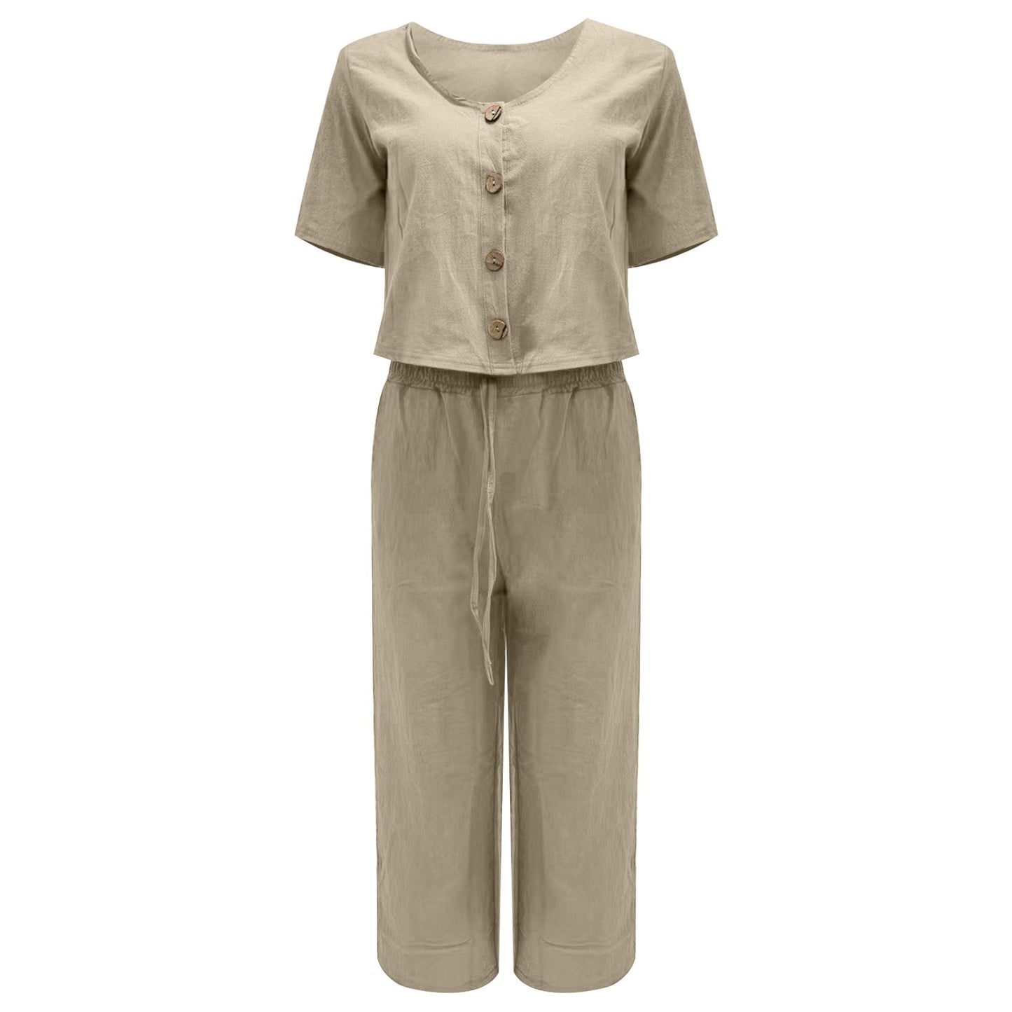 Women Fashion Solid Cotton And Linen Multi Button Top Short Sleeve Pant Sets Casual Ladies Suits
