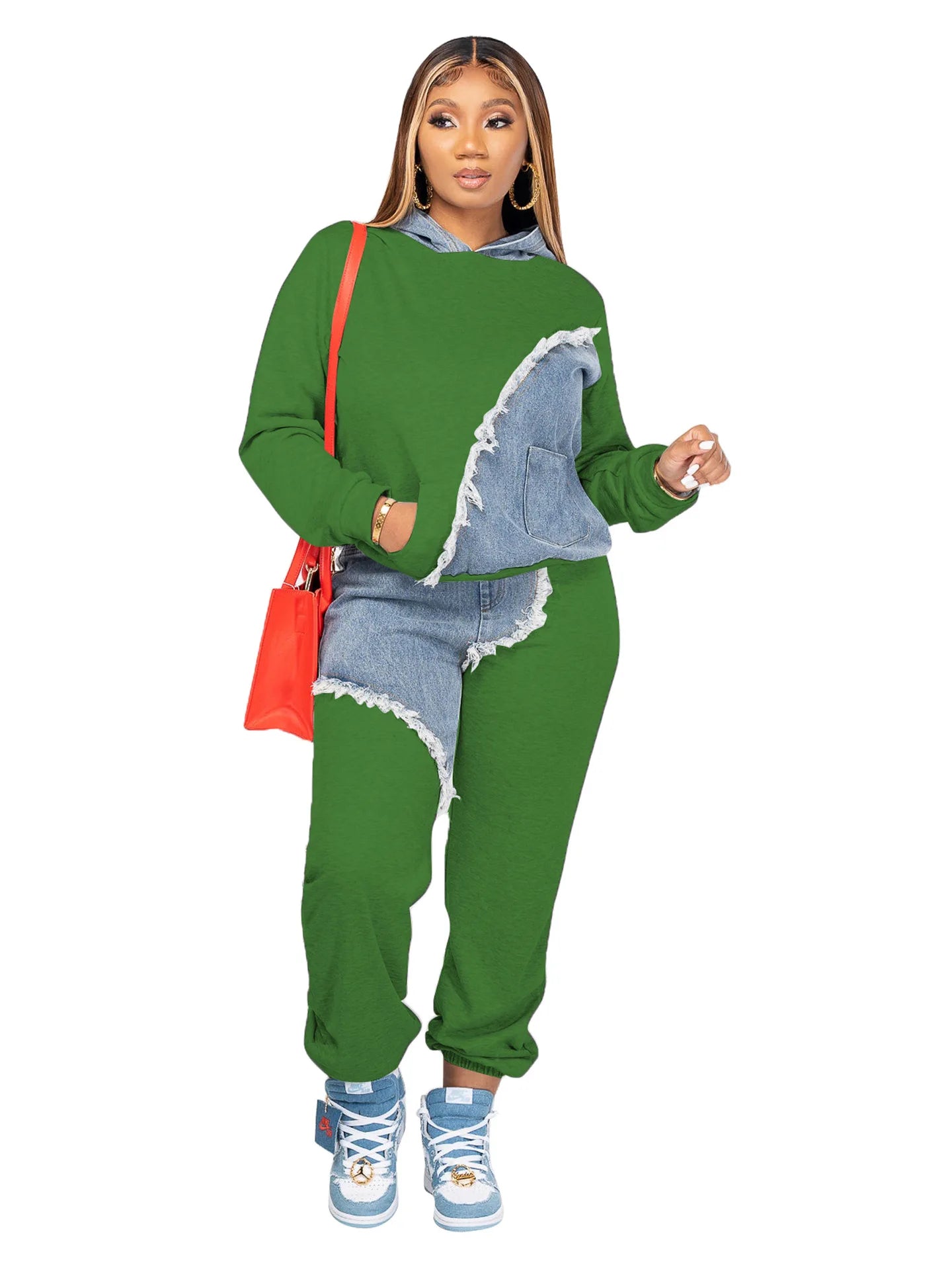 Women Tracksuit Hooded/Two Pieces Set/Long Sleeve Sweatshirts/Pullover Hoodies Print Patchwork With Pockets