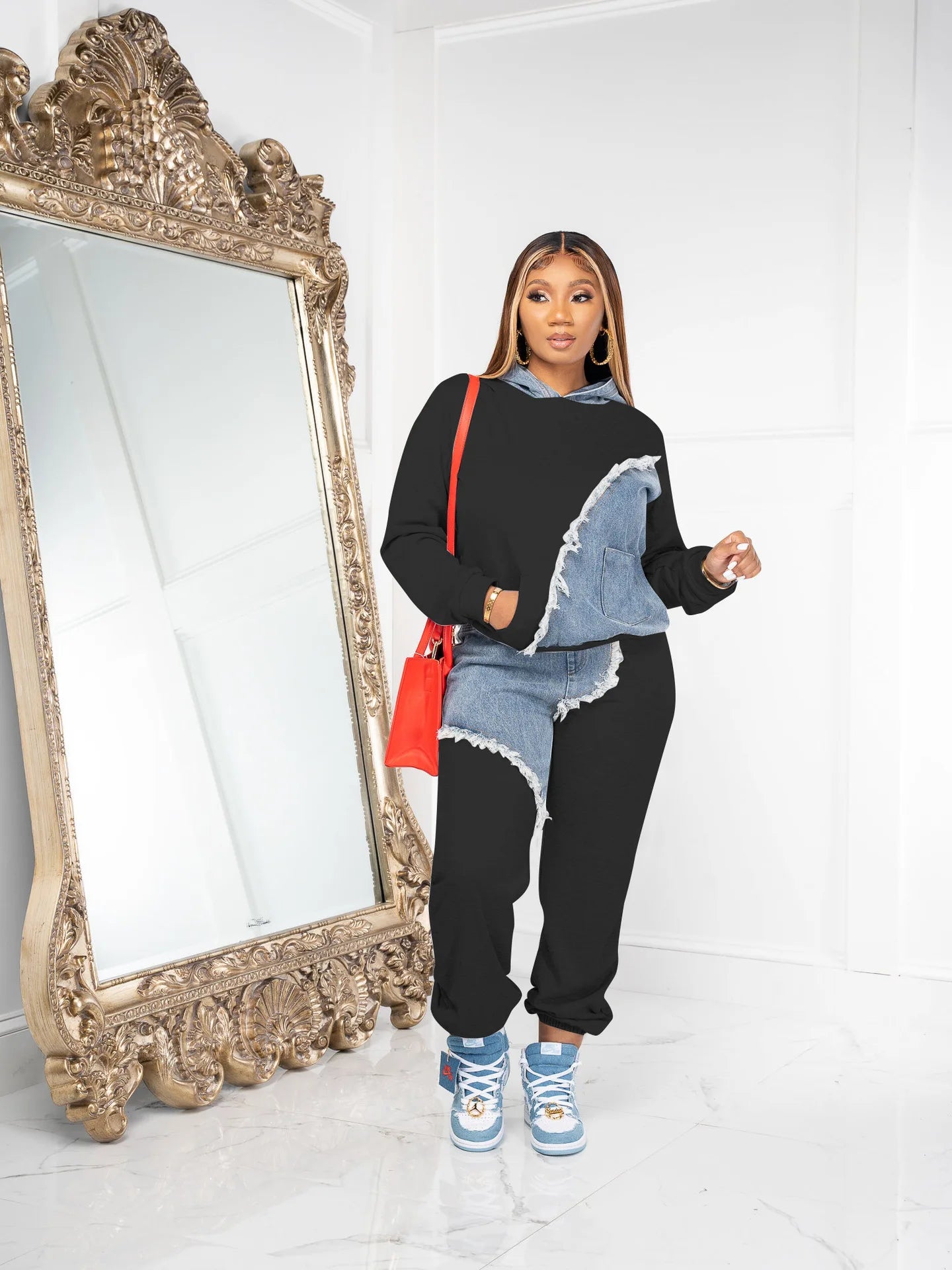 Women Tracksuit Hooded/Two Pieces Set/Long Sleeve Sweatshirts/Pullover Hoodies Print Patchwork With Pockets