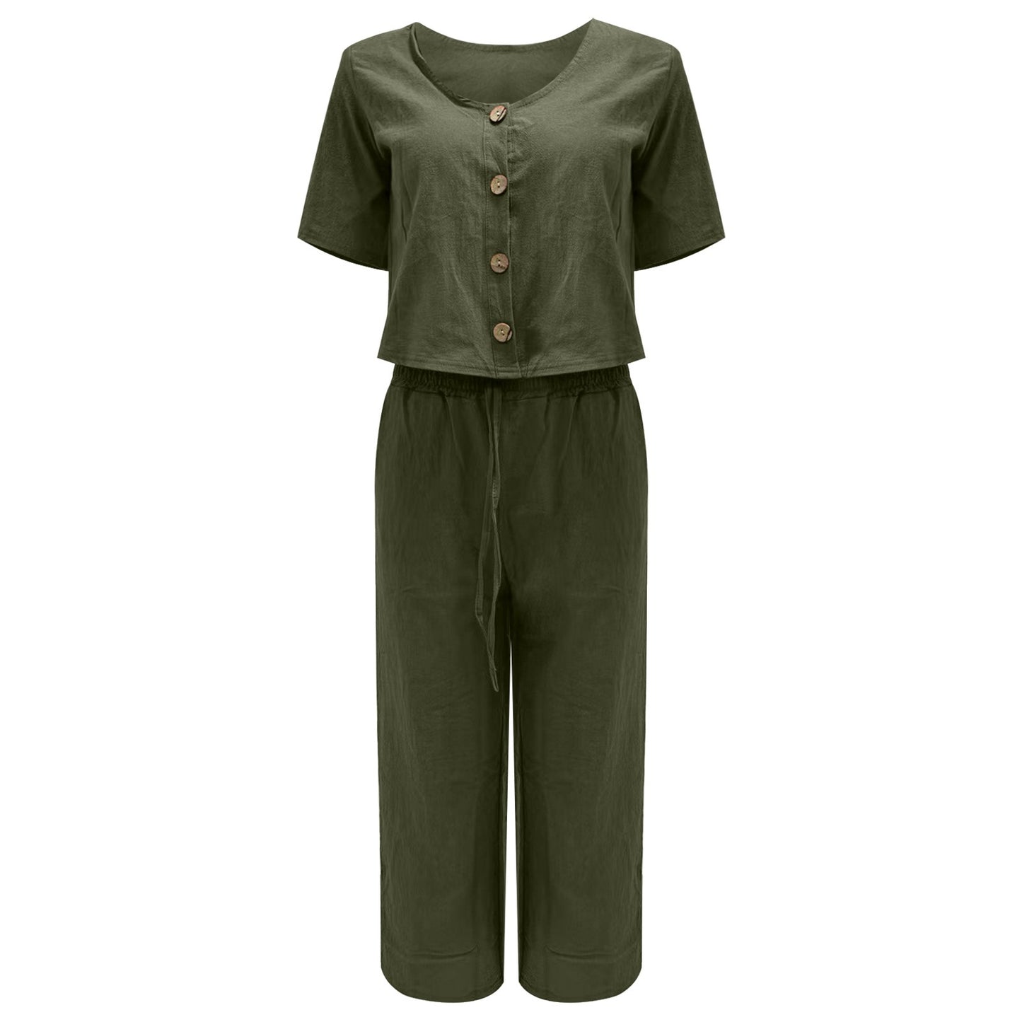 Women Fashion Solid Cotton And Linen Multi Button Top Short Sleeve Pant Sets Casual Ladies Suits