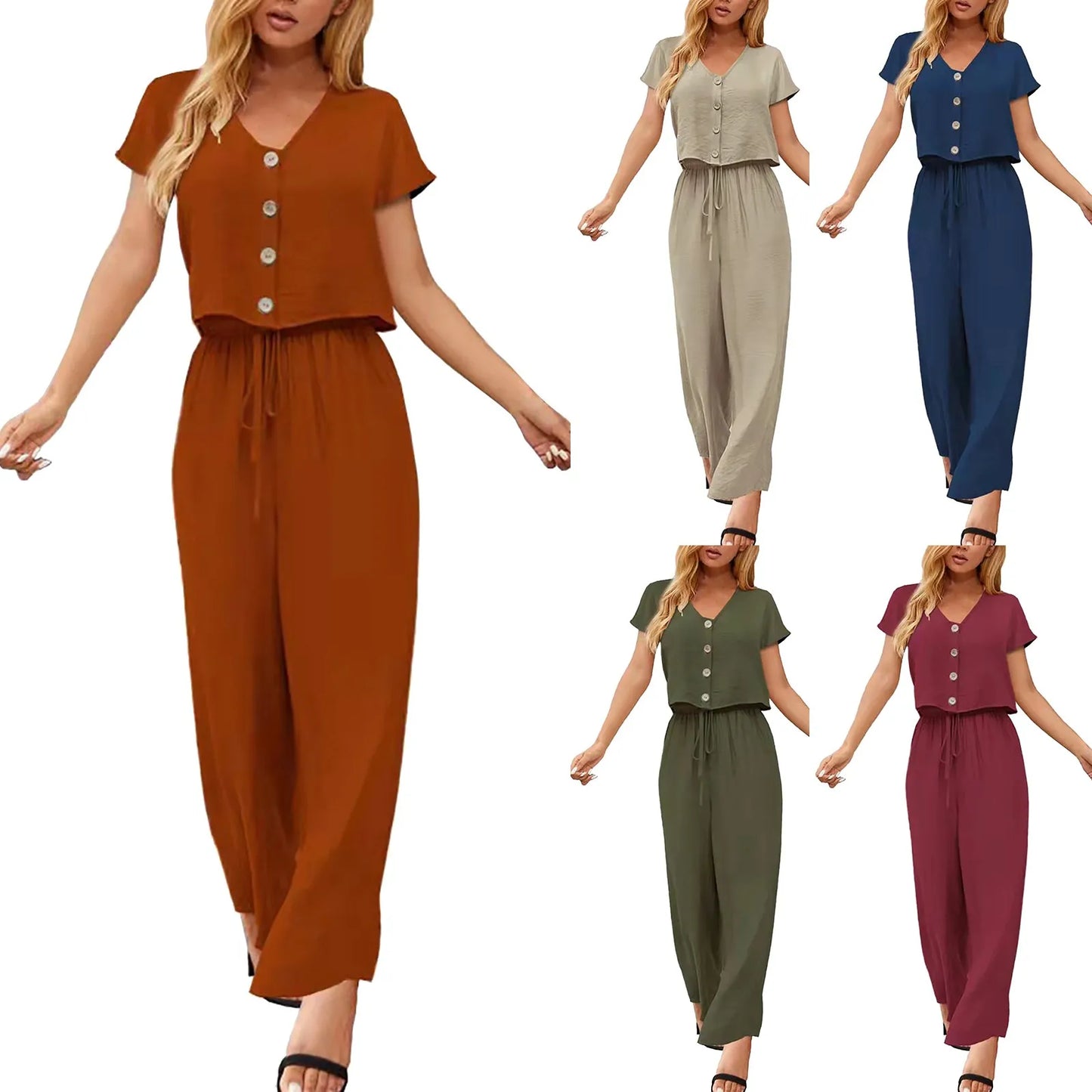 Women Fashion Solid Cotton And Linen Multi Button Top Short Sleeve Pant Sets Casual Ladies Suits