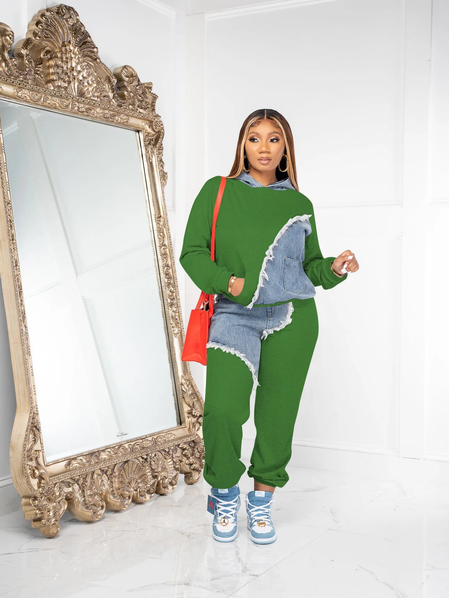 Women Tracksuit Hooded/Two Pieces Set/Long Sleeve Sweatshirts/Pullover Hoodies Print Patchwork With Pockets