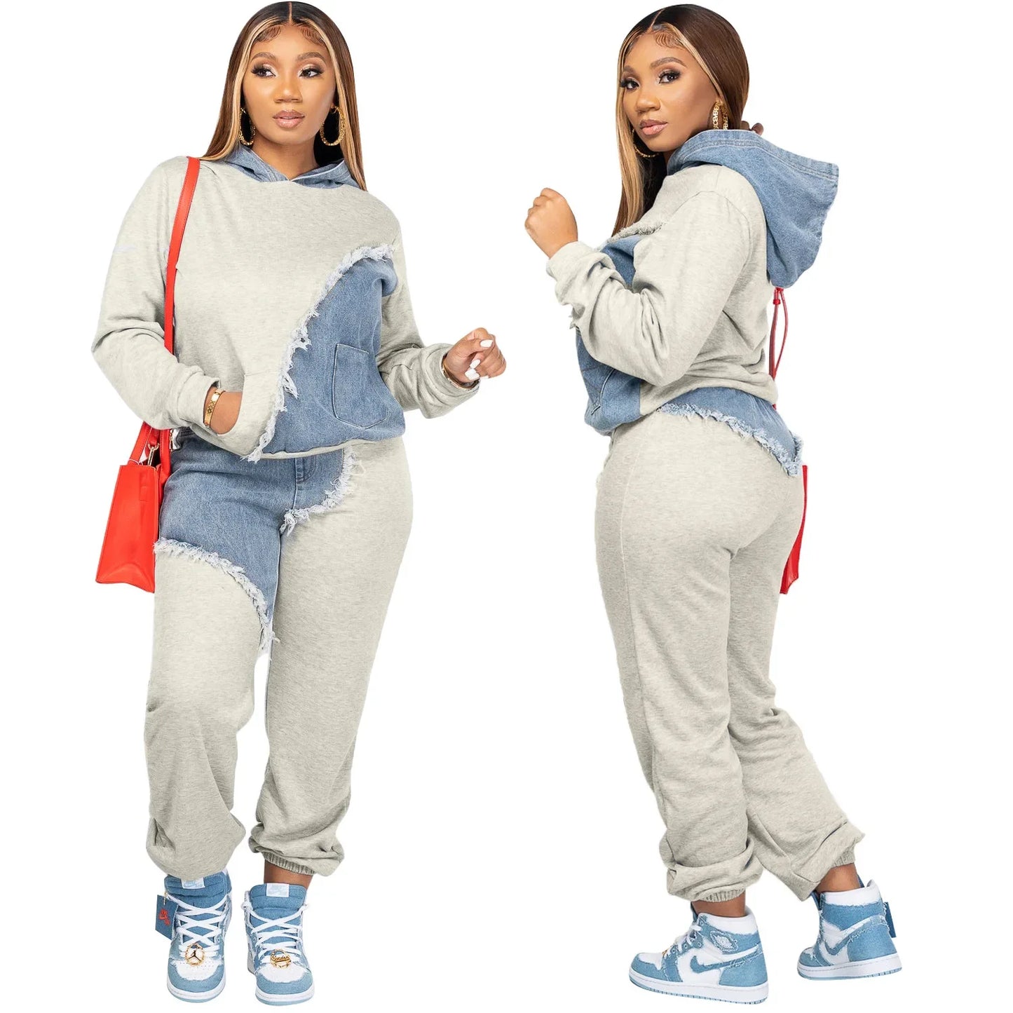 Women Tracksuit Hooded/Two Pieces Set/Long Sleeve Sweatshirts/Pullover Hoodies Print Patchwork With Pockets