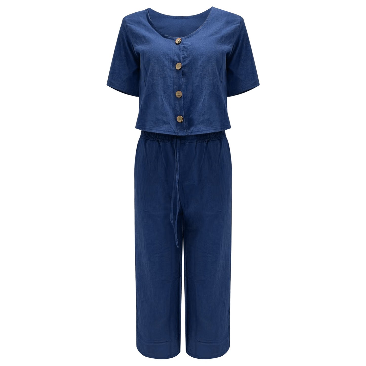 Women Fashion Solid Cotton And Linen Multi Button Top Short Sleeve Pant Sets Casual Ladies Suits