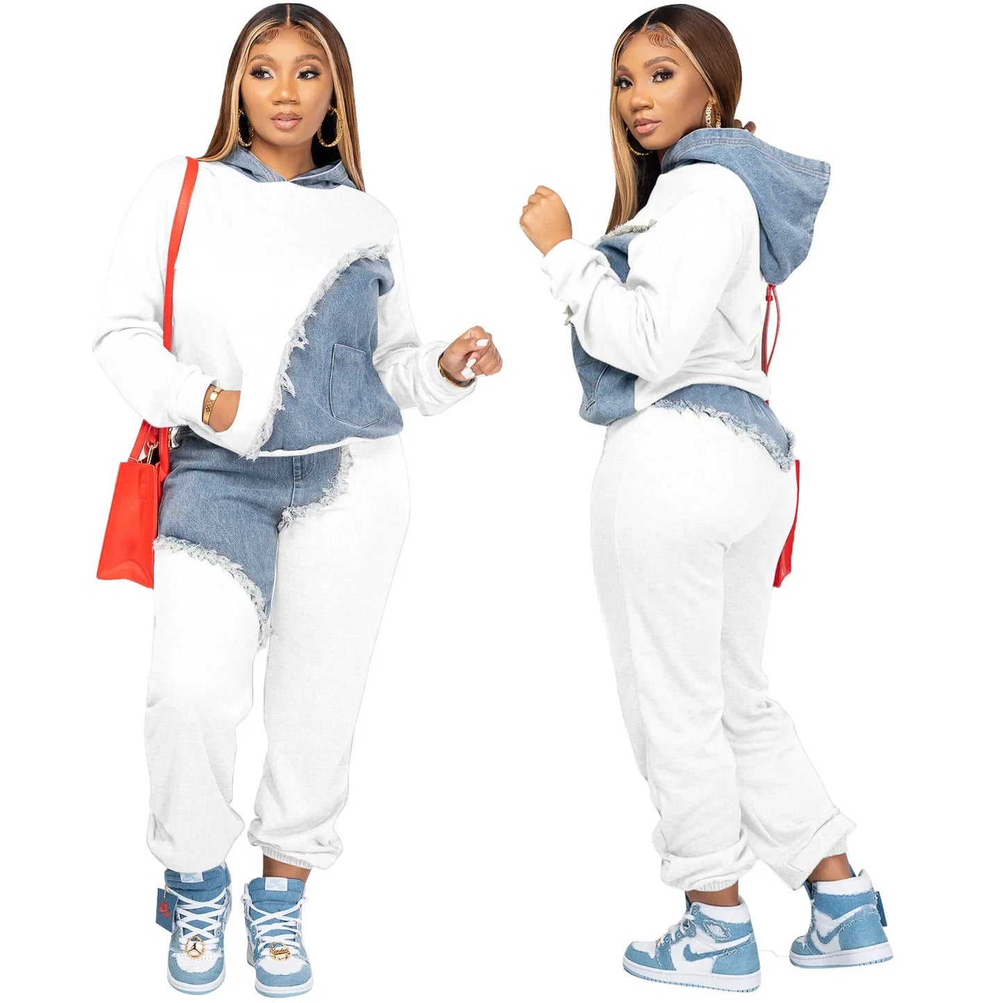 Women Tracksuit Hooded/Two Pieces Set/Long Sleeve Sweatshirts/Pullover Hoodies Print Patchwork With Pockets