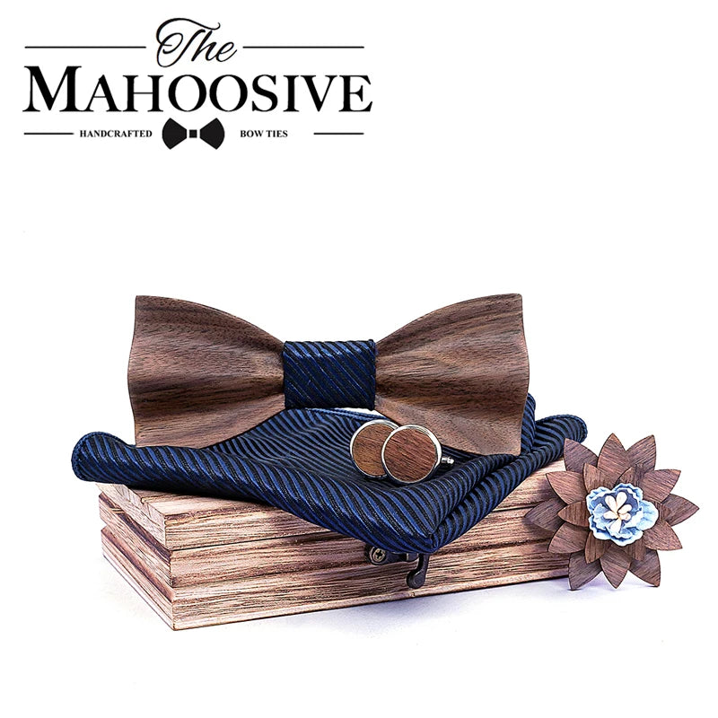 Black Walnut 3D Wooden Bow Ties for Men/Handmade/Butterfly Wood Bow Tie Gravata gift/Cufflink handkerchief