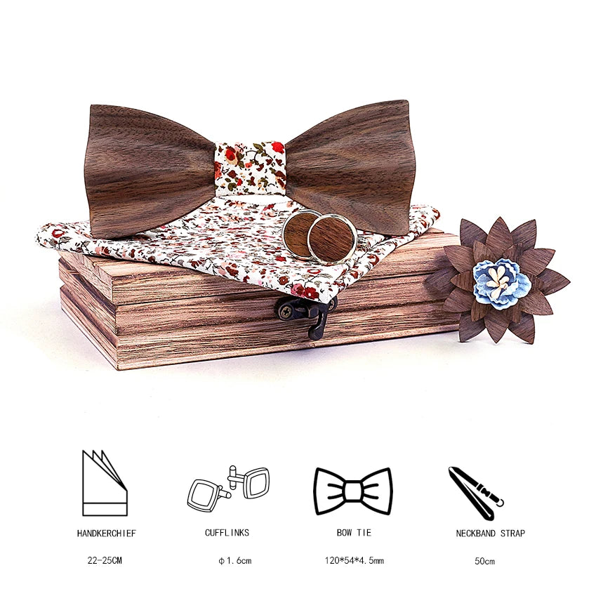 Black Walnut 3D Wooden Bow Ties for Men/Handmade/Butterfly Wood Bow Tie Gravata gift/Cufflink handkerchief