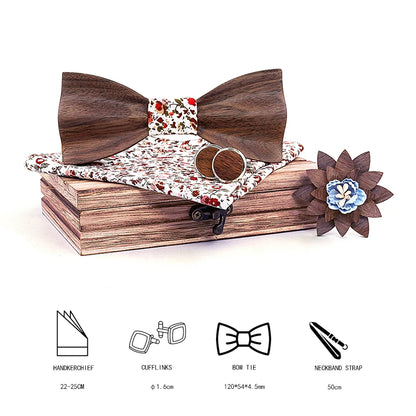 Black Walnut 3D Wooden Bow Ties for Men/Handmade/Butterfly Wood Bow Tie Gravata gift/Cufflink handkerchief