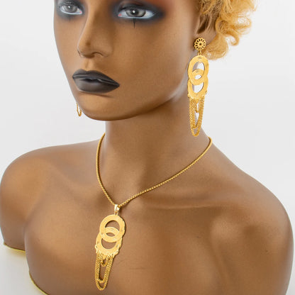African Jewelry Set for Women Gold Plated Earrings and Pendant Necklace Wedding Party Jewellery Tassel Earrings and Necklace Set