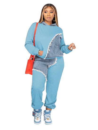 Women Tracksuit Hooded/Two Pieces Set/Long Sleeve Sweatshirts/Pullover Hoodies Print Patchwork With Pockets
