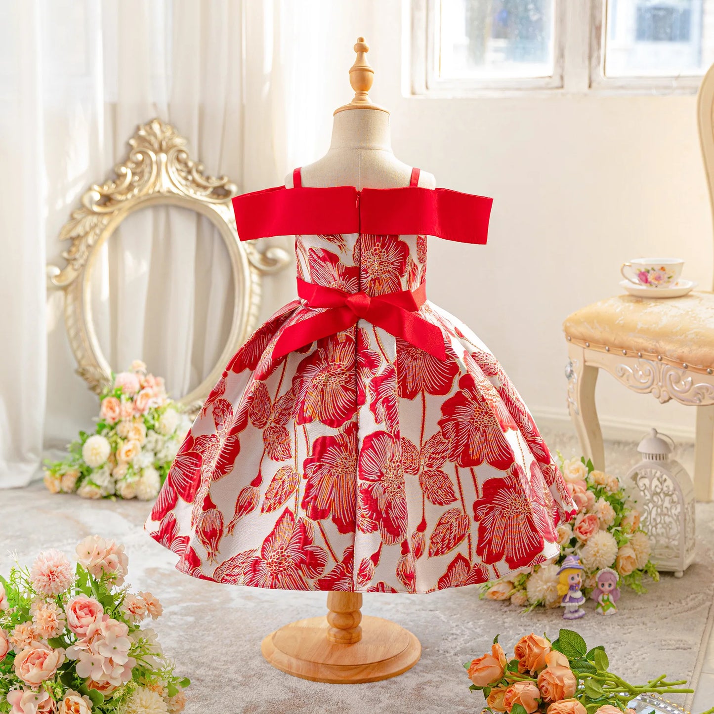 New Elegant Casual Flower Printed Wedding Birthday Party Dresses For Girls With Big Bow/Princess Dress For Girls