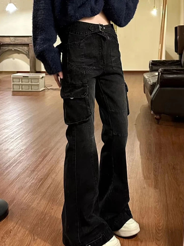 Ladies Black Flare Jeans with Slim Bell Bottoms/American Retro Fashion Denim Trousers With Multiple Pockets