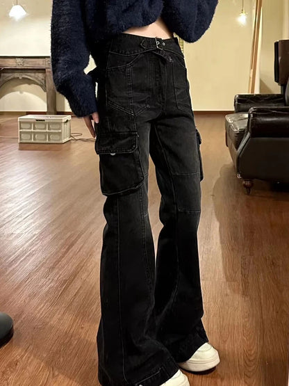Ladies Black Flare Jeans with Slim Bell Bottoms/American Retro Fashion Denim Trousers With Multiple Pockets