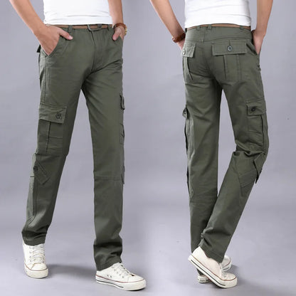 Pure Cotton Long Men's Pants Multi Pocket Straight Loose Sport Casual Trousers