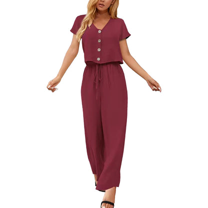 Women Fashion Solid Cotton And Linen Multi Button Top Short Sleeve Pant Sets Casual Ladies Suits