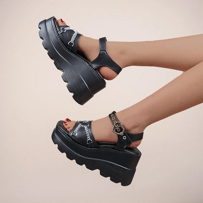 35-43 Plus Size Fashion Slope Heel Women Sandals Metal Chain Decoration Female Buckle Platform Shoes Women's Sandals Tide Shoes